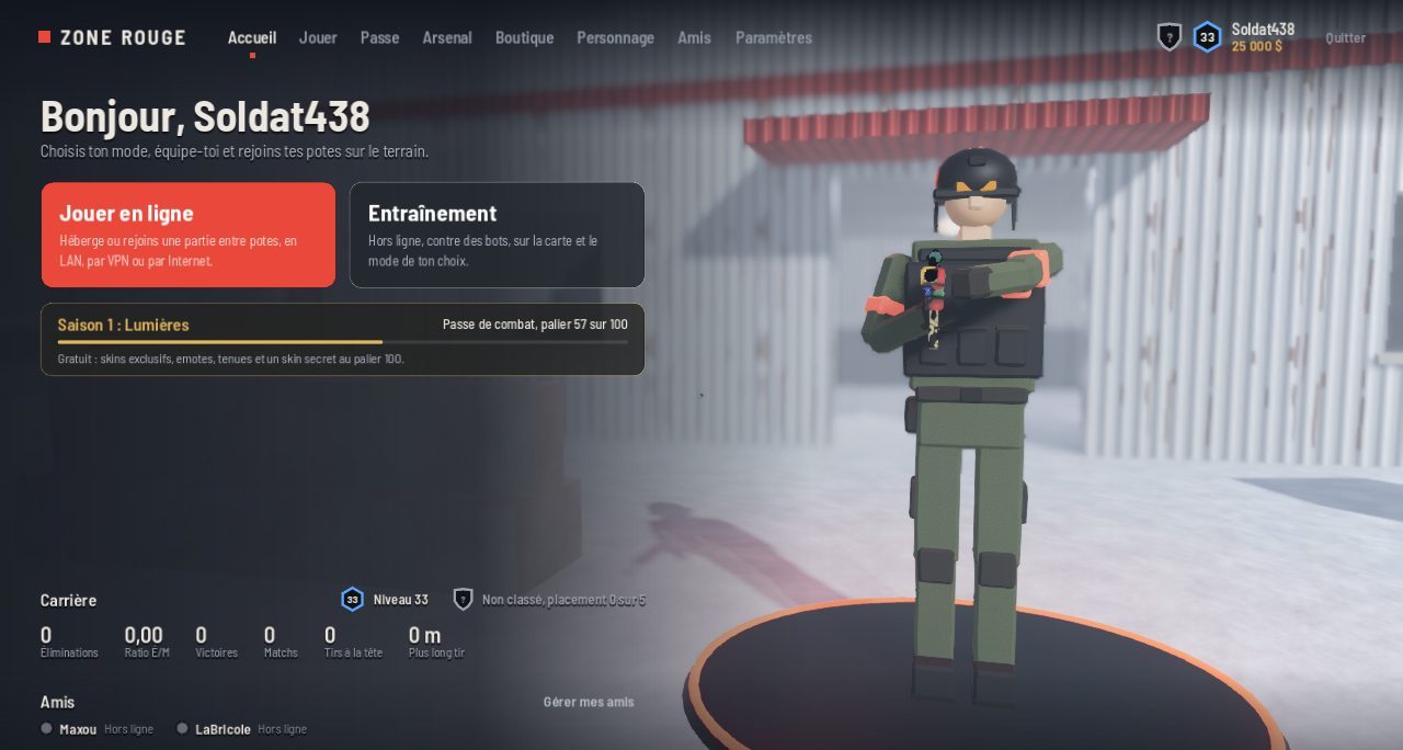 Menu principal avec le soldat personnalisé