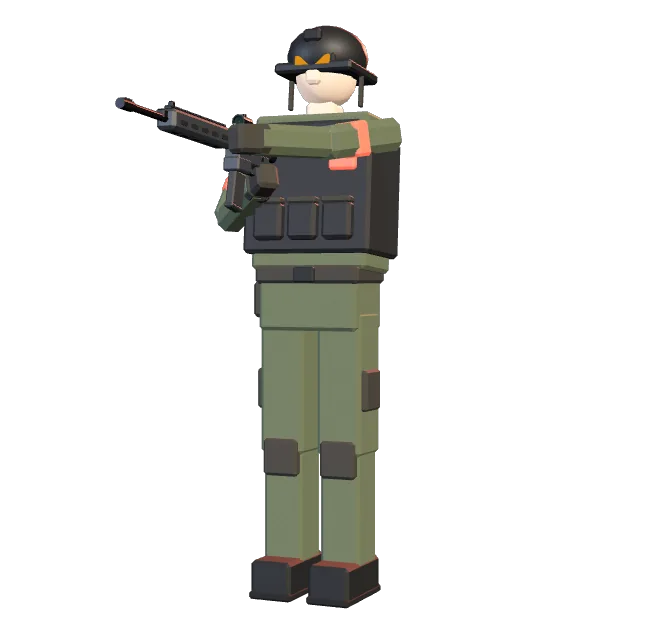 Soldat en tenue olive, vu en 3D